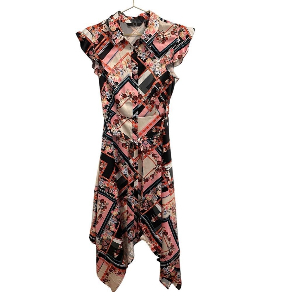 G.I.L.I. Printed Woven Button-Front Asymmetric-Hem Dress Patchwork Floral Size 8